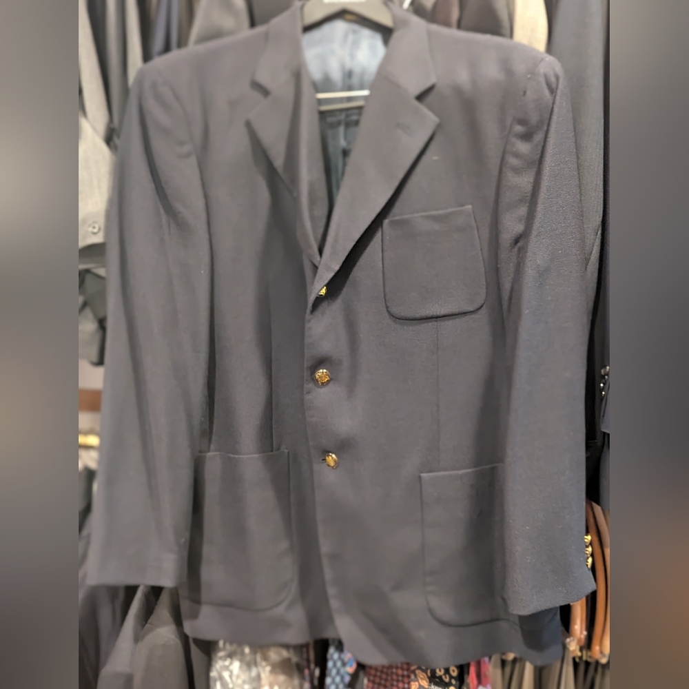Classic Italian Wool Black Blazer with Gold Buttons Double Vent 3 Button. 48R
